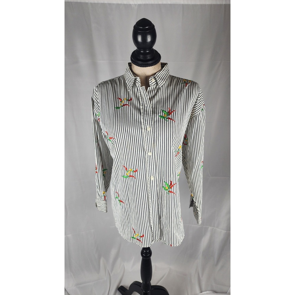 VNTG Casey Coleman Womens Black Stripe Button-Up Shirt Embroidered Chili Peppers